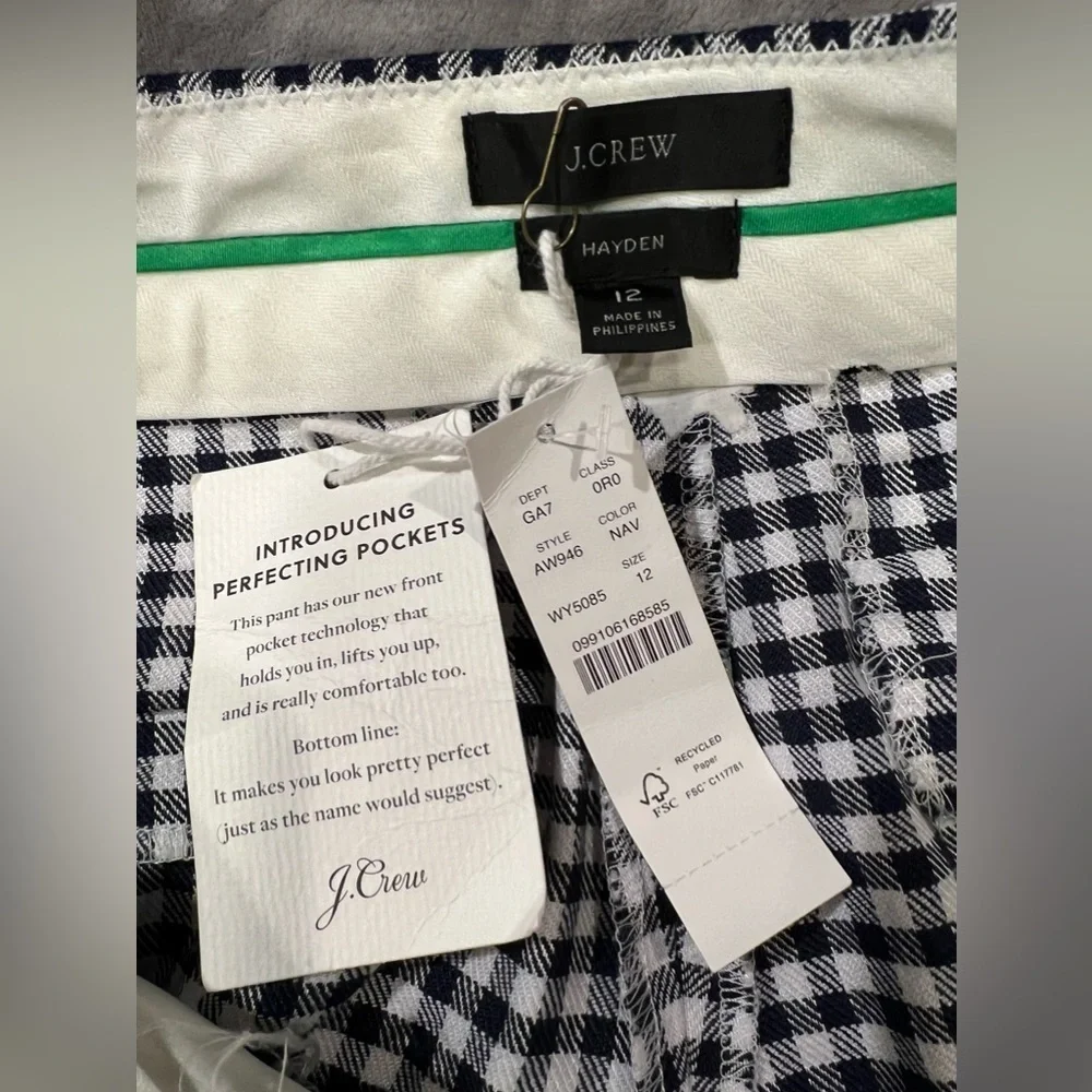 NWT J. Crew Hayden Pants Women Navy Blue White Gingham Plaid Size 12
